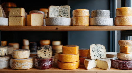 A cheese display with different varieties of cheese stacked neatly on wooden shelves, each cheese uniquely shaped and packagedの素材