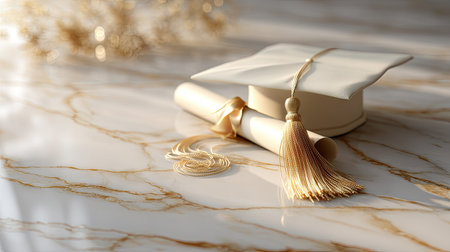 A graduation cap and diploma resting on an elegant surface with golden accents, creating a luxurious and celebratory atmosphere for graduation seasonの素材
