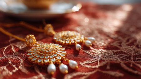 Artistic image of maang tikka and earrings arranged on a gold lace cloth, reflecting elegance and grandeurの素材