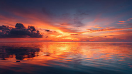 A calm sea under an orange sunset sky, the water's surface reflecting the fiery colors of the horizon in a breathtaking displayの素材