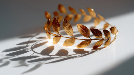 Artistic shot of a golden laurel wreath casting a delicate shadow on a white surface, high contrast and minimalの素材