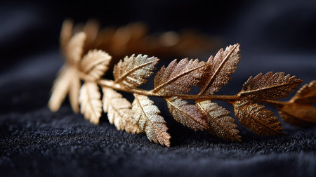 A close-up of intricate gold leaves on a laurel wreath headband against a black velvet background, rich texture and contrastの素材