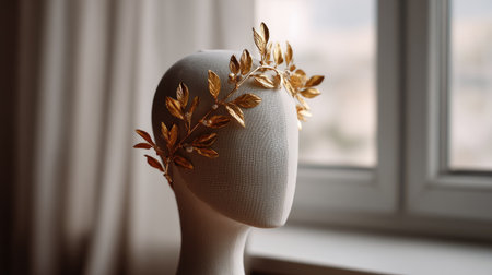 A golden laurel wreath headband elegantly positioned on a fashion mannequin in front of a neutral backgroundの素材