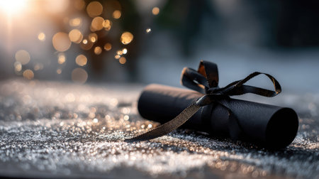 A close-up of a rolled diploma tied with a ribbon, placed beside a black graduation cap, set against a background of soft light and celebrationの素材
