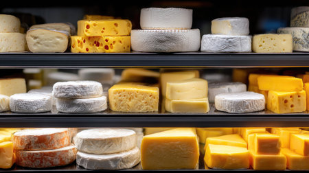 A close-up of a variety of cheeses arranged neatly on shelves, from tangy goat cheese to creamy Brie, all ready to tempt cheese loversの素材