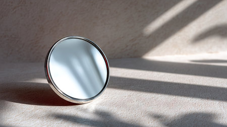 A circular makeup mirror with a delicate silver frame, isolated on a light-colored textured background for added depthの素材
