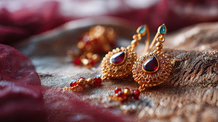 Artistic image of maang tikka and earrings arranged on a gold lace cloth, reflecting elegance and grandeurの素材
