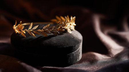A golden laurel headband on a dark velvet cushion, lit with soft spotlight to emphasize luxury and contrastの素材