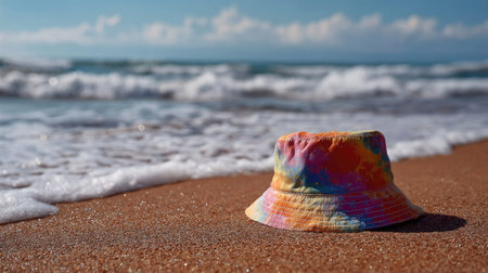A colorful summer bucket hat lying on the sand at a sunny beach, with ocean waves in the backgroundの素材