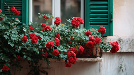 A close-up of red roses spilling over the edge of a balcony under a window framed by green shuttersの素材
