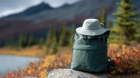 Adventure-ready backpack with bucket hat clipped to the side, ready for a hikeの素材