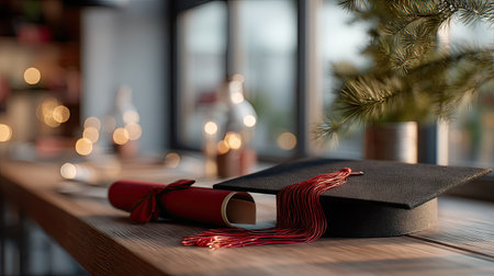 A close-up shot of a graduation cap and rolled diploma placed on a desk, surrounded by soft lighting to create an inspiring and festive atmosphereの素材