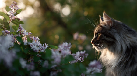 A beautiful long-haired cat with incredibly soft fur, surrounded by blooming flowers and soft sunlightの素材