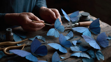 Artistic photo of hands crafting paper butterflies with tools and paper scraps visible, highlighting the creative processの素材