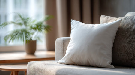 A clean, empty pillow on a modern sofa, ready for home styling or interior decor inspirationの素材