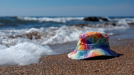 A colorful summer bucket hat lying on the sand at a sunny beach, with ocean waves in the backgroundの素材