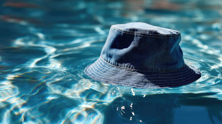 A denim bucket hat floating in a swimming pool, reflecting summer fun and leisureの素材