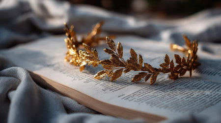 A golden laurel wreath headband placed on an open book of Greek poetry, referencing mythology and wisdomの素材