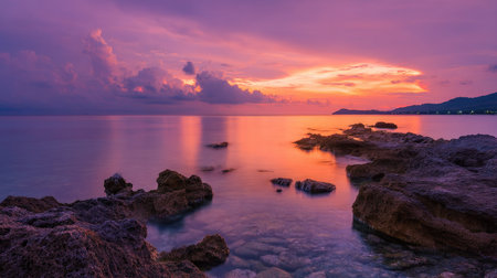 A clear view of the sea line at dusk, with warm hues of orange and purple painting the sky as it fades into the horizonの素材