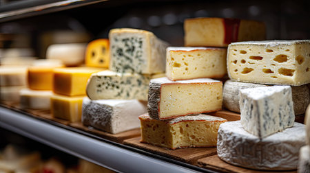 A close-up of a variety of cheeses arranged neatly on shelves, from tangy goat cheese to creamy Brie, all ready to tempt cheese loversの素材