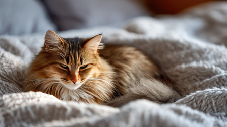 A cute long-haired cat with soft fur curled up on a cozy bed, looking content and peacefulの素材