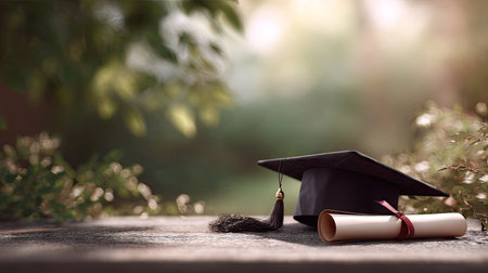 A graduation cap and diploma on a soft blurred background, with a vintage feel, evoking nostalgia and memories of graduation dayの素材