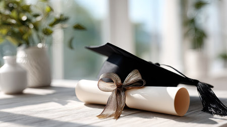 A close-up of a rolled-up diploma with a ribbon, accompanied by a black graduation cap, against a light, airy background filled with sunlightの素材