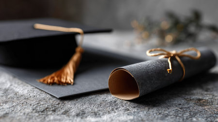 A close-up of a graduation cap and diploma laid flat on a textured background, emphasizing the significance of academic milestonesの素材