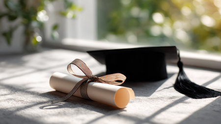 A close-up of a rolled-up diploma with a ribbon, accompanied by a black graduation cap, against a light, airy background filled with sunlightの素材