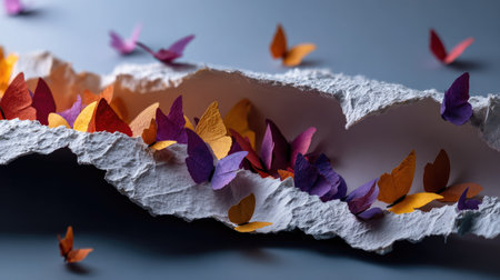 Abstract art scene with paper butterflies bursting from a torn piece of colorful paper, dramatic and expressiveの素材