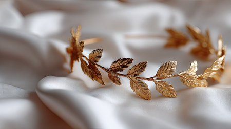 A golden laurel wreath headband resting on a white silk fabric background, shining with elegance and ancient charmの素材