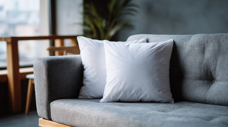 A clean, empty pillow on a modern sofa, ready for home styling or interior decor inspirationの素材