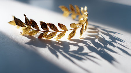 Artistic shot of a golden laurel wreath casting a delicate shadow on a white surface, high contrast and minimalの素材