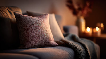 A cozy living room with a soft pillow resting on a sofa, surrounded by warm colors and ambient lightingの素材