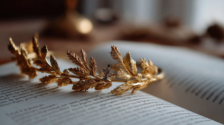 A golden laurel wreath headband placed on an open book of Greek poetry, referencing mythology and wisdomの素材