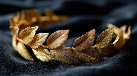 A close-up of intricate gold leaves on a laurel wreath headband against a black velvet background, rich texture and contrastの素材