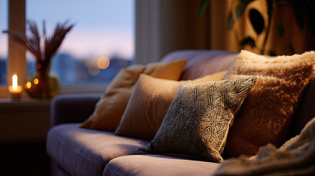 A cozy living room with a soft pillow resting on a sofa, surrounded by warm colors and ambient lightingの素材