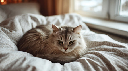 A cute long-haired cat with soft fur curled up on a cozy bed, looking content and peacefulの素材