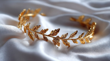 A golden laurel wreath headband resting on a white silk fabric background, shining with elegance and ancient charmの素材