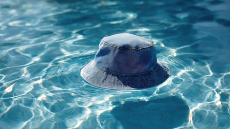 A denim bucket hat floating in a swimming pool, reflecting summer fun and leisureの素材