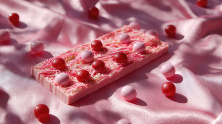 A delightful pink angel hair chocolate bar with chewy candies and soft background light, giving a playful vibeの素材