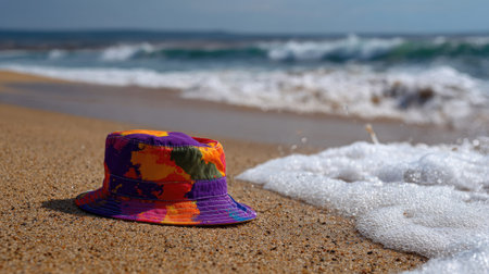 A colorful summer bucket hat lying on the sand at a sunny beach, with ocean waves in the backgroundの素材
