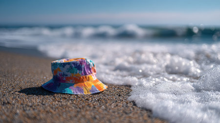 A colorful summer bucket hat lying on the sand at a sunny beach, with ocean waves in the backgroundの素材