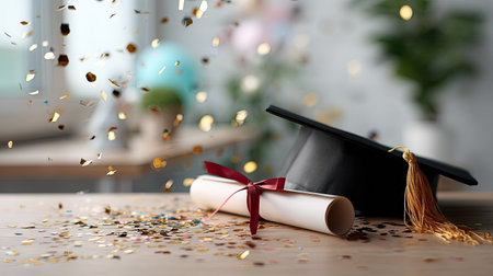A diploma and graduation cap resting on a desk with subtle blurred backgrounds of confetti and graduation-themed decorations for a festive lookの素材