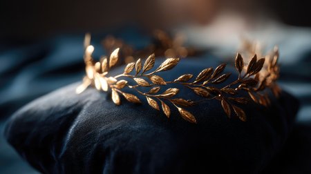 A golden laurel headband on a dark velvet cushion, lit with soft spotlight to emphasize luxury and contrastの素材