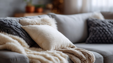 Blank pillow lying on a comfy sectional sofa, surrounded by plush throws and cozy ambianceの素材