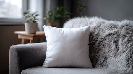 Blank pillow on a cozy, plush sofa, ideal for showcasing a home decor design or relaxing moodの素材