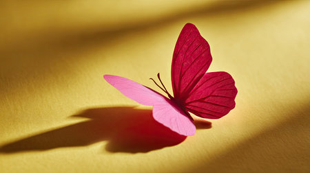 Close-up of a single bright pink paper butterfly casting a shadow on a yellow background, minimal and artistic compositionの素材