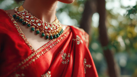 Bridal jewellery with kundan and meenakari work styled with a traditional saree in natural sunlightの素材