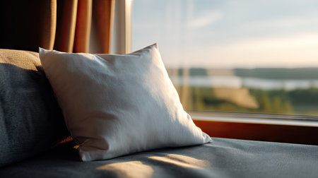 Blank pillow resting gently on a soft couch, with a beautifully lit window offering a scenic view in the backgroundの素材